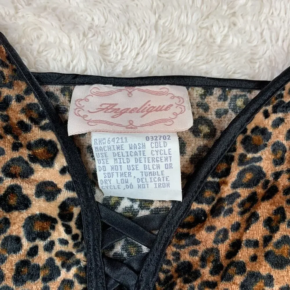 Vintage Angelique Leopard print and‎ black satin chemise slip, size Large - Picture 4 of 8